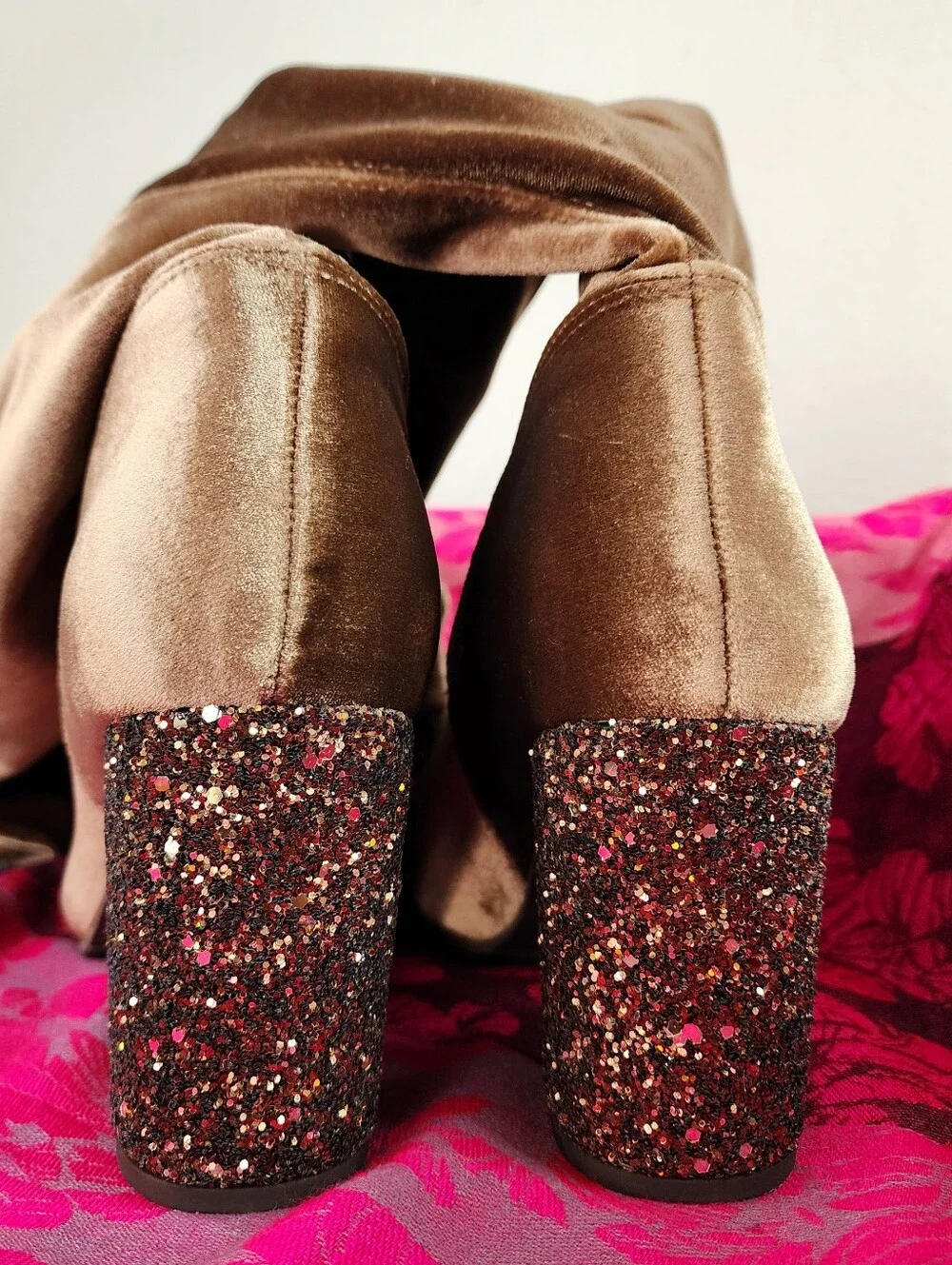 J. Renee Velvet Over The Knee Boots With Tassels And Glitter Block Heel.